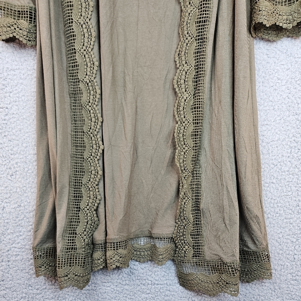 Bluetime Womens Green Long Line Open Front Lace Trim Cardigan Sz M=8/10 - Picture 5 of 11